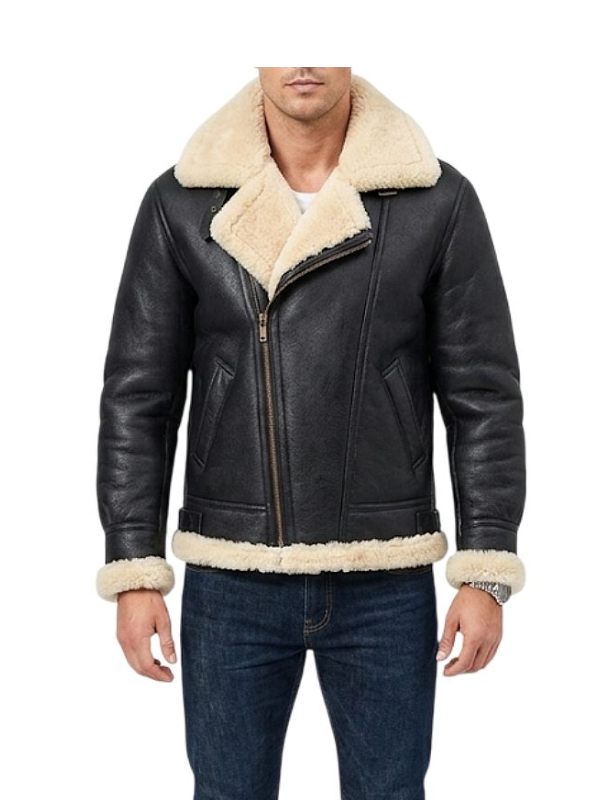 B3 Shearling Sheepskin Black Leather Jacket Men's