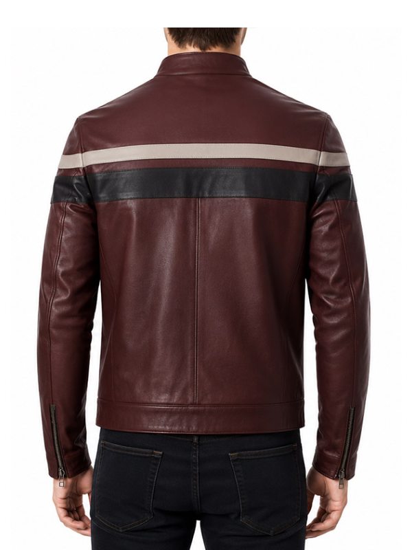 Café Racer Style Red Waxed Mens Retro Stripe Vintage Leather Jacket For Men
