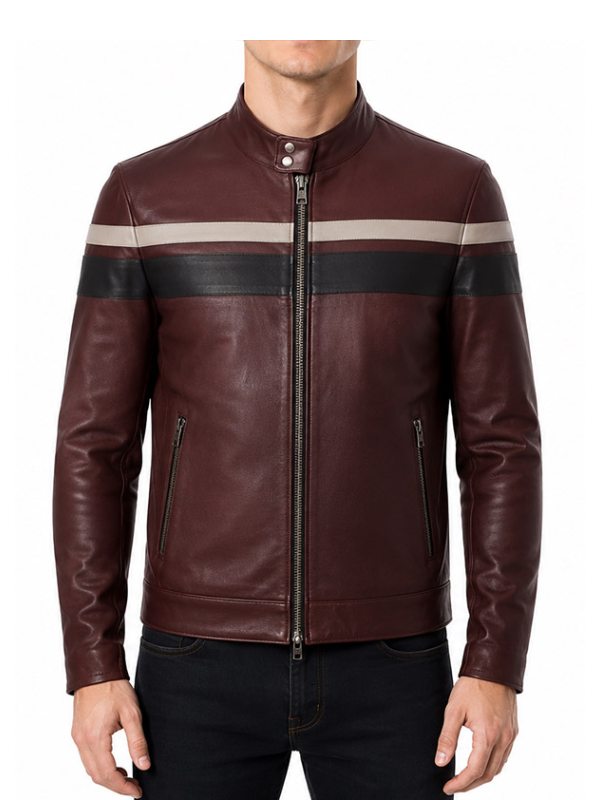 Café Racer Style Red Waxed Mens Retro Stripe Vintage Leather Jacket For Men