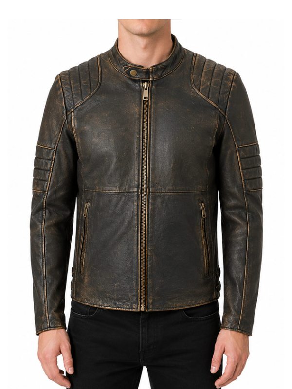Mens Distressed Cafe Racer Brown Motorcycle Leather Jacket