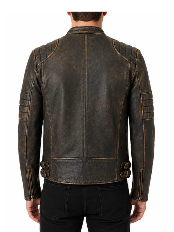 Mens Distressed Cafe Racer Motorcycle Leather Jacket