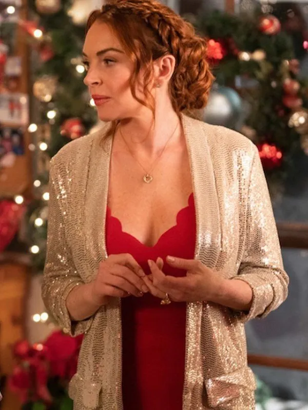 lindsay lohan red dress falling for christmas Falling For Christmas 2022 Lindsay Lohan Sequin Blazer