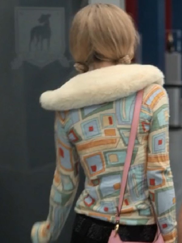 Ted Lasso S03 Juno Temple Blue Geo Print Fur Collar Cardigan