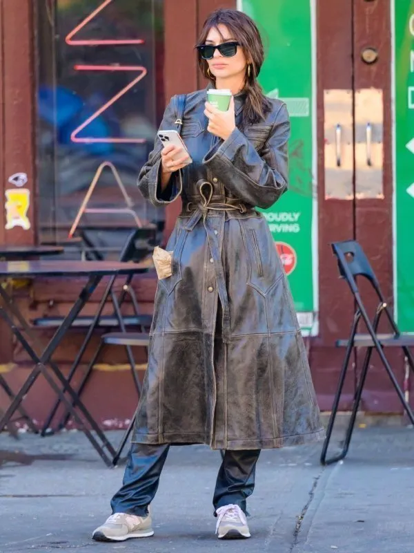 NYC Street 2023 Emily Ratajkowski Long Brown Leather Coat