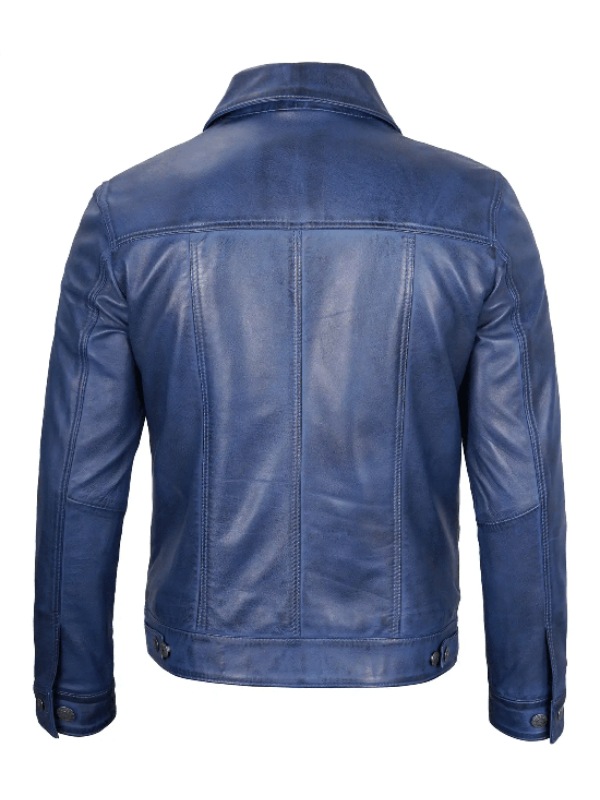 Mens Blue Leather Trucker Jacket - Jacket Hub