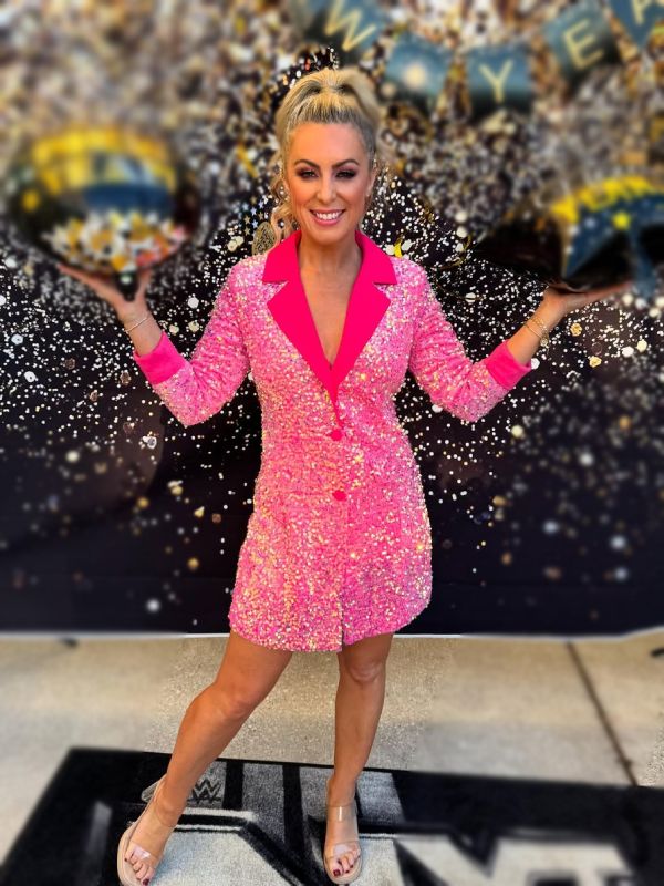 slim fit dress slacks Long sleeve sequin blazer dress in pink – Skirt & Stiletto
