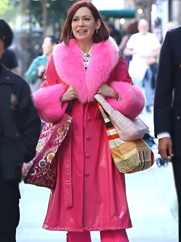 Elsbeth S03 Carrie Preston Pink Leather Long Coat - Jacket Hub