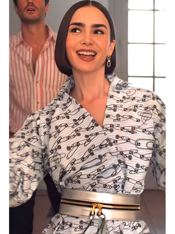Emily In Paris S5 Lily Collins Safety Pin Print Shirt