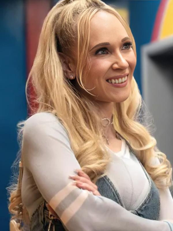 Ted Lasso Juno Temple Blue & White Striped Tirm Top