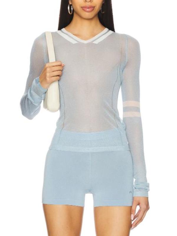 Ted Lasso S04 Juno Temple Blue & White Striped Tirm Top